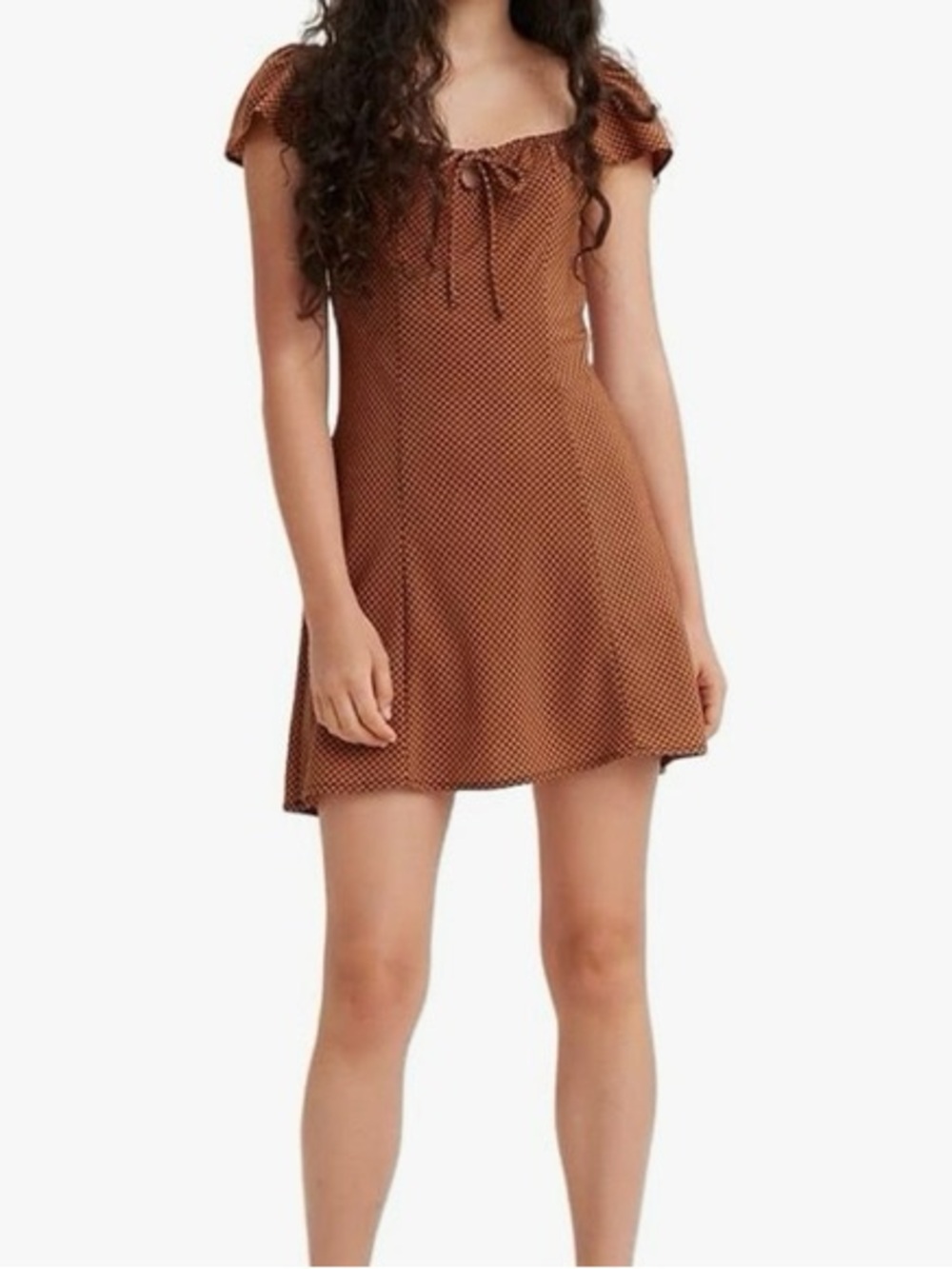 Levi’s Misha Checkered Mini Dress Ruffle Cap Sleeve Brown Orange Large